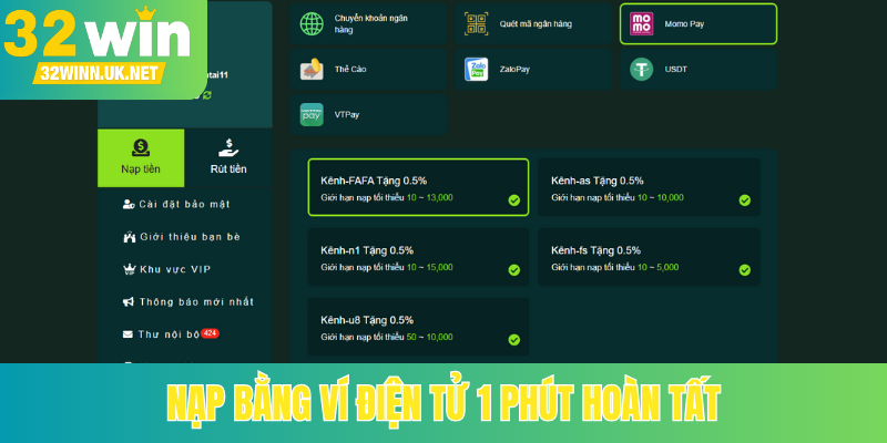 Nạp bằng ví điện tử 1 phút hoàn tất